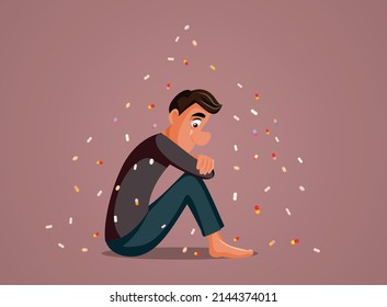 
Man Suffering an Addiction to Pills Vector Concept Illustration. Sad anxious patient taking antidepressants during long term treatment
