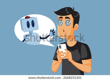 
Man Suffering from AI Psychosis Vector Cartoon Character. Person chatting with a bot being delusional and having mental health problems 
