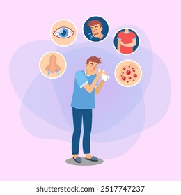 Man suffering from allergy cartoon vector illustration. Allergy symptoms: rash, red eyes running nose, sneeze. Medicine, disease, allergy, health concept