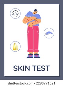 Man suffering from allergy, medical poster template, flat vector illustration. Allergy diagnostics concept, skin test to detect allergens. Symptoms of dust, hay and fish allergies.