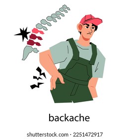 Man suffering from back pain. Chronic backache and pain in back. Problems and soreness of the spine and joints, flat cartoon vector illustration isolated on white background.