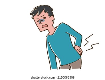 Un hombre que sufre de dolor de espalda, un vector cómico de persona manuscrita, un dibujo de línea cálida
