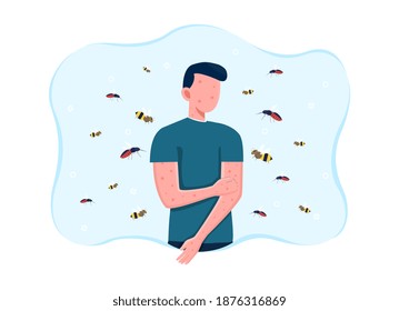 Hombre con alergia a las abejas. Piel roja y picante. Reacción alérgica cutánea a abejas y avispas volando y picando. Ilustración vectorial de dibujos animados planos