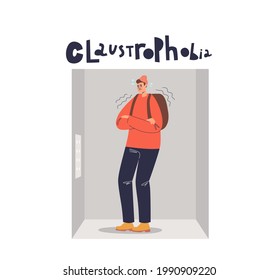 Man suffering from claustrophobia, fear of small spaces. Scared cartoon male afraid of being trapped in room. Human phobias concept. Flat vector illustration