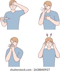 Man suffering from cold and flu symptoms - illustration set