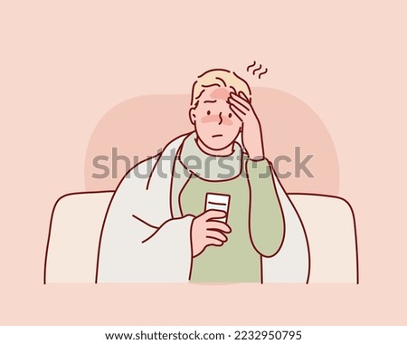  man suffering from cold at his home.  Hand drawn style vector design illustrations.