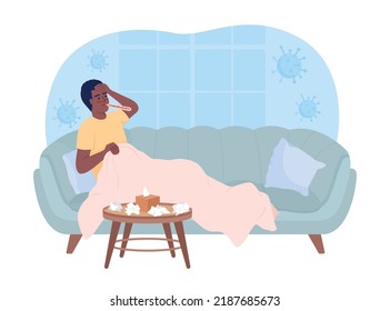 Man suffering from cold at home 2D vector isolated illustration. Virus infection. Sick flat character on cartoon background. Healthcare colourful editable scene for mobile, website, presentation