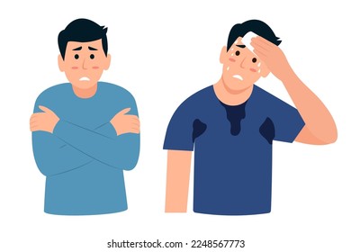 Man suffering from cold and hot weather. Sad guy feels hot and exhausted. Boy trembling feeling cold hugging herself.  Winter and summer season problem. Vector illustration