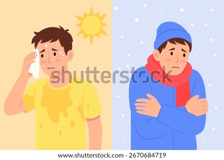 Man suffering from cold and hot weather. Sad guy feels hot and exhausted. Boy trembling feeling cold hugging herself. Winter and summer season problem. Vector illustration