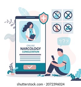 Man Suffering From Drug Addiction Asks For Help At Drug Treatment Center. App For Signing Up For Online Consultation With Narcologist. Online Clinic Helps People With Addictions. Vector Illustration