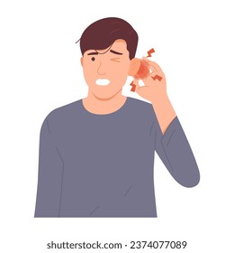 Man suffering from ear pain, earache puts his hand on his ear. An infection occurs in the ear canal. Hand drawn vector character illustration. Isolated on white background.