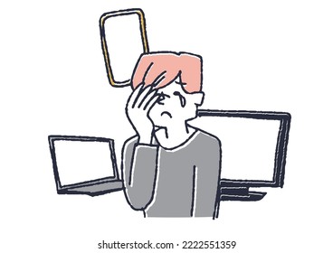  A man suffering from eye fatigue due to digital devices.Illustration related to asthenopia and eye disease