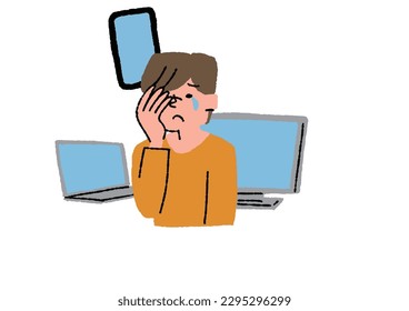  Un hombre que padece fatiga ocular debido a dispositivos digitales. Ilustración relacionada con la astenopía y la enfermedad ocular