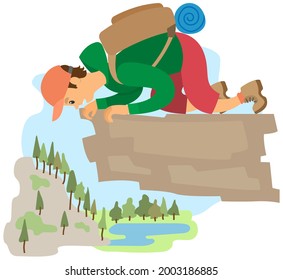 Man suffering from fear of of heights. Person is scared of being on high rock. Male character fearfully looks at abyss below. Fear of heights, phobia, horror. Frightened guy suffers from acrophobia