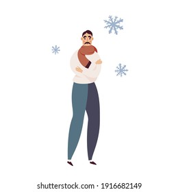 Man suffering from fever and chills  isolated vector illustration. Flu symptom, virus, bacteria, disease design element. Sick character in cartoon style.