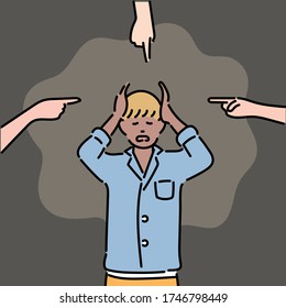 A man is suffering from a finger of blame. hand drawn style vector design illustrations. 