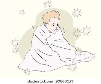 Grippe leidender Mann im Bett unter einer Decke. Er hat Fieber und nimm das Thermometer im Mund. Handgezeichnete Vektordesign-Illustration.