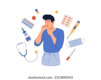 Man suffering from flu. He has fever, cough and sneezing. Flu or cold, allergy symptom. Influenza, illness treatment. Person with influenza, runny nose, headache, fever, sore throat. Pharmacy therapy