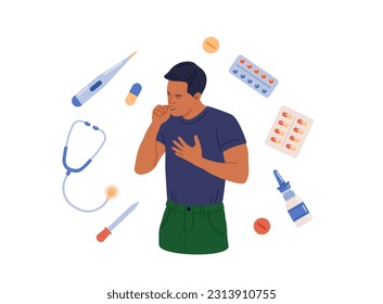 Hombre que sufre de gripe. Tiene fiebre, tos y estornudos. Gripe o frío, síntoma de alergia. Gripe, tratamiento de la enfermedad. Persona con gripe, goteo nasal, dolor de cabeza, fiebre, dolor de garganta. Terapia farmacoterapéutica