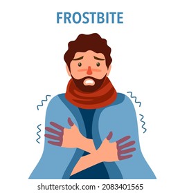 Man suffering from frostbite. Guy with frozen hands in winter season in flat design. Skin burn symptom.