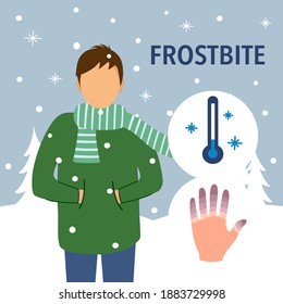 Man suffering from frostbite. Male with frozen hands in winter standing on snow in flat design. Healthcare concept.