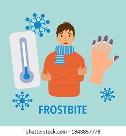 Man suffering from frostbite symptom. Guy with frozen hands in winter with cool temperatures flat design. Healthcare concept.	
