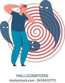 Homem sofrendo de alucinações cobrindo os ouvidos com as mãos enquanto experimenta alucinações visuais e auditivas representadas por fantasmas e um fundo espiral