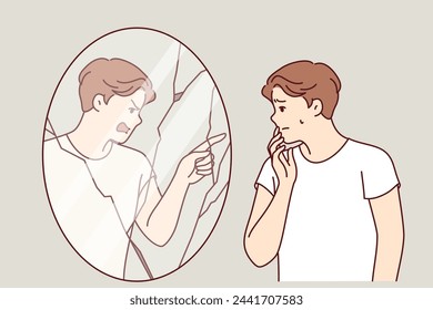 Man suffering from hallucinations and mental disorder looks in mirror with evil reflection blaming owner. Guy with low self-esteem experiences fear due to hallucinations or split personality