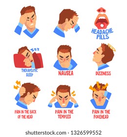 Man suffering from headache and dizziness set, disease of the head, migraine, sick unhappy man character vector Illustration