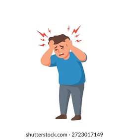 Hombre que sufre de dolor de cabeza sosteniendo su cabeza con dolor. Ilustración plana de dibujos animados de migraña, dolor de cabeza, estrés o síntoma de enfermedad aislados sobre fondo blanco
