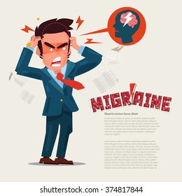 Man suffering Headache and migraine in pain. character design. migraine concept. typographic for header design - vector illustration