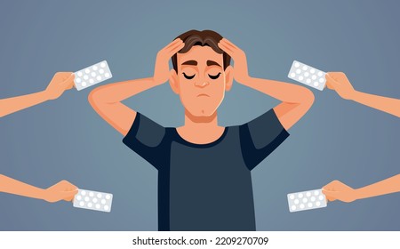 
Man Suffering A Headache Receiving Treatment Vector Cartoon Illustration. Sick Person Being Recommended Different Medication For Illness 
