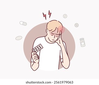 Man Suffering from Headache Sick. Hand drawn style vector design illustrations.