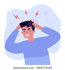 Man suffering from headache vector illustration. Man touching head, throbbing pain. Pills on background. Migraine, headache concept