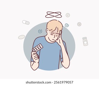 Man Suffering from Headaches Feeling Dizzy. Hand drawn style vector design illustrations.