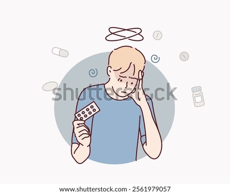 Man Suffering from Headaches Feeling Dizzy. Hand drawn style vector design illustrations.