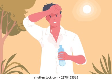 Man suffering from heat. A man with a bottle of water wipes sweat from his forehead. Hot summer. Global warming. Heatstroke symptoms. Vector illustration in flat cartoon style.