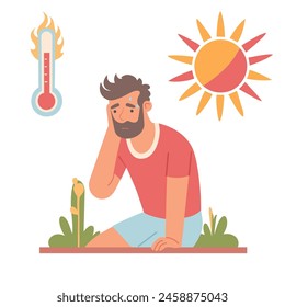 Man suffering from heat stroke. Abnormal heat. Thermometer and sun flat vector illustration. 