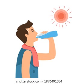 Man suffering from heat and sweaty dehydration from strong sunlight. He drinking water for refreshing in flat design. Hot climate in summer.