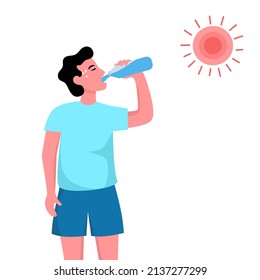 Man suffering from heat and sweaty dehydration from strong sunlight. He drinking water for refreshing in flat design. Hot climate in summer.