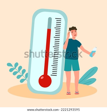 Man suffering from heat and sweaty dehydration holding temperature with strong sunlight in flat design. Hot summer day.