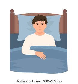 Man suffering from insomnia.Guy in bed with open eyes in darkness. Concept of late at night, sleeping disorder, tired and sleepless, illness, depression effect. Flat vector illustration