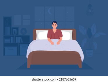 Man suffering from insomnia in bedroom flat color vector illustration. Stress and anxiety. Sleep disorder impact. Fully editable 2D simple cartoon character with interior on background