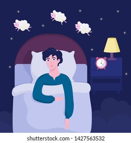 Man suffering from the insomnia. Guy can't sleep at night and lying in the bed and counting sheep. Exhausted character. Flat vector illustration