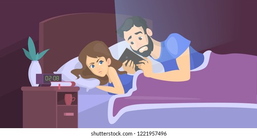 Man suffering from the insomnia. Guy with no sleep at night looking at smartphone. Angry woman awake at night. Flat vector illustration
