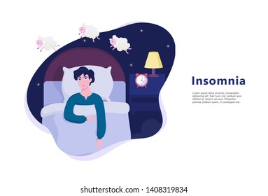 Man suffering from the insomnia. Guy with no sleep at night lying in the bed and counting sheep. Exhausted character. Flat vector illustration