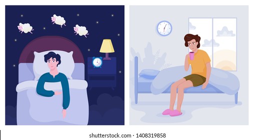 Man suffering from the insomnia. Guy with no sleep at night lying in the bed and counting sheep. Exhausted character in the morning. Flat vector illustration