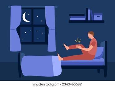 Man suffering from leg pain at night in flat design.