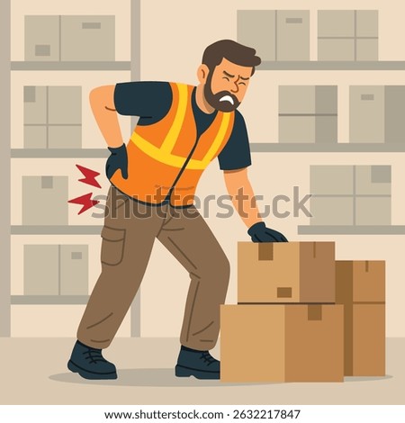 A man suffering from lower back pain while working in a warehouse, wearing casual work clothes, a reflective vest, gloves and cargo pants. He bends or lifts heavy boxes incorrectly, has a pained expre
