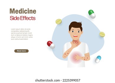 Man suffering from medicine side effects. Pharmaceutical, chemical laboratory research and patient health problem concept. 